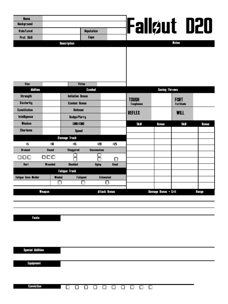 Fallout D20 Character Sheet Template | PDF