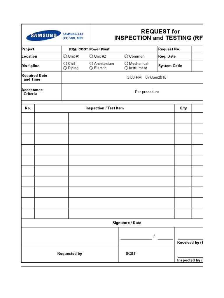 RFI for Inspection and Testing Form | PDF | Technology & Engineering