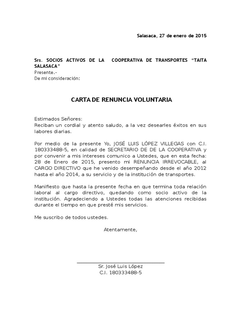 Carta De Renuncia Voluntaria