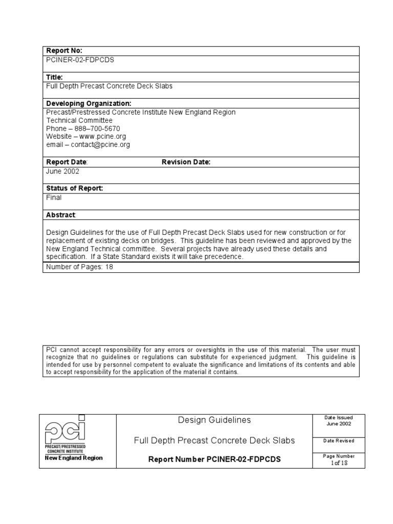 Full Depth Precast Concrete Deck Slabs | PDF | Prestressed Concrete ...