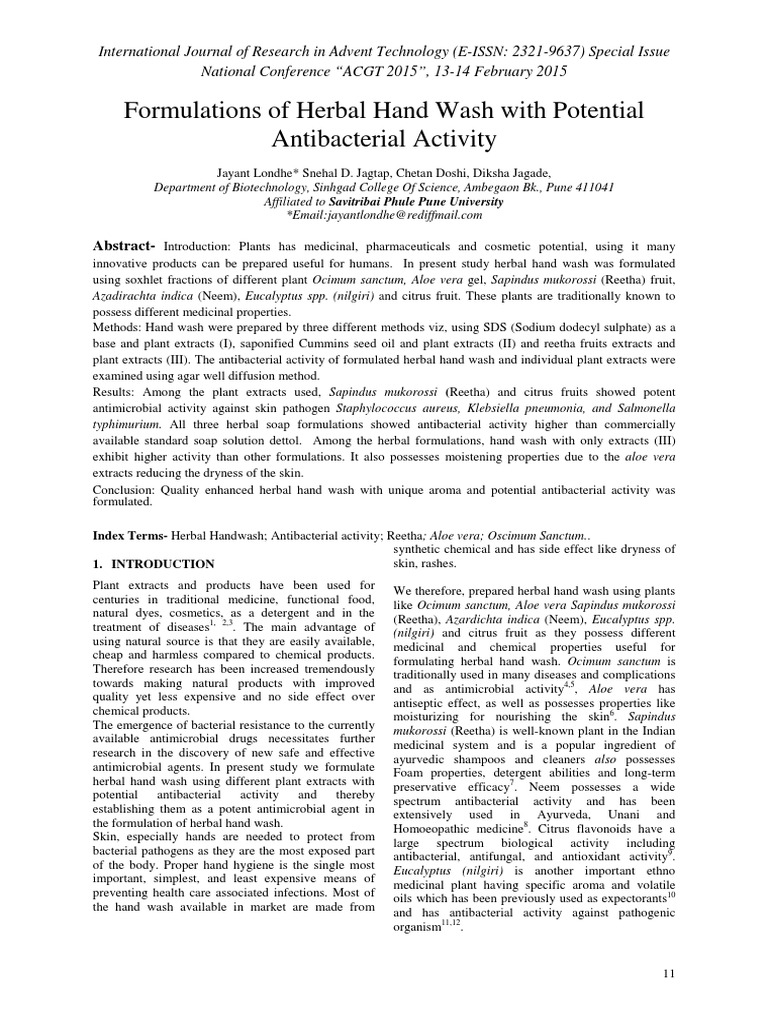 Formulations of Herbal Hand Wash With Potential Antibacterial Activity