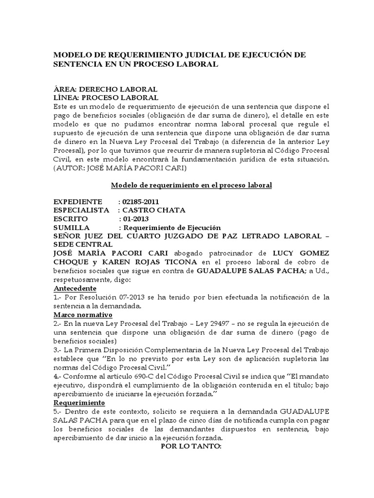 Modelo de Requerimiento Judicial de Ejecución de Sentencia en Un Proceso  Laboral | PDF