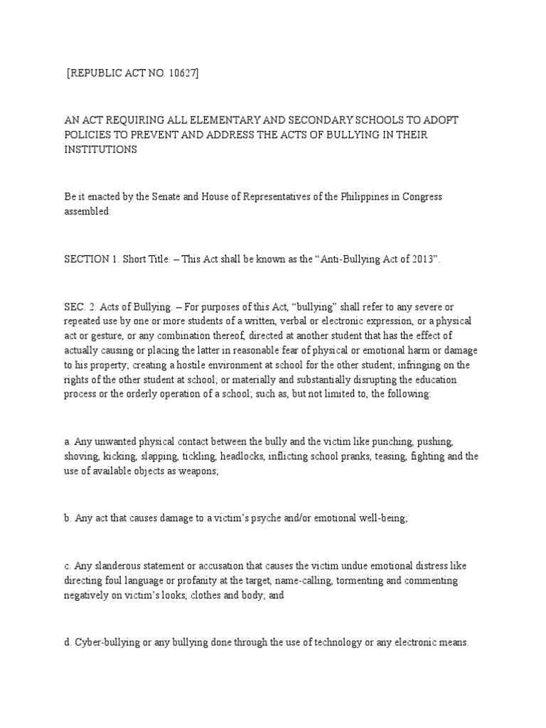 Republic Act No Anti Bullying Act Bullying Justice