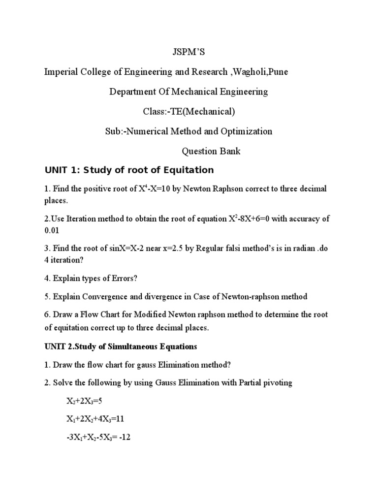 Numerical Method Question Bank PDF Numerical Analysis Ordinary