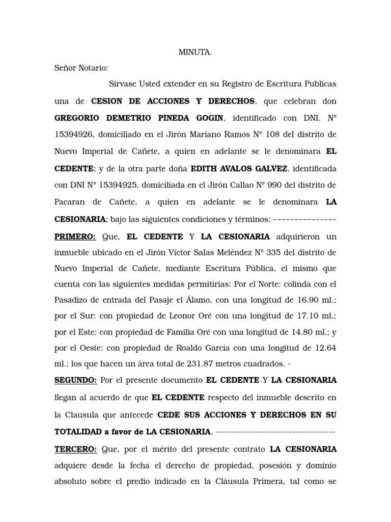 Contrato Privado de Cesion de Acciones y Derechos Sra. Pineda
