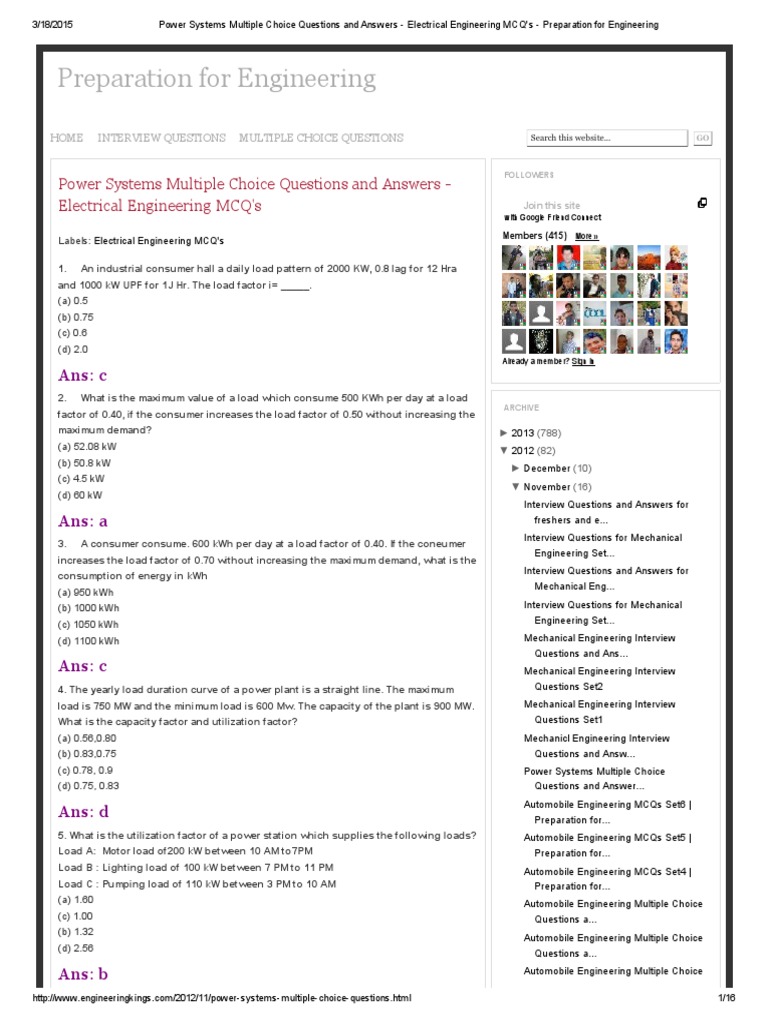 Power Systems Multiple Choice Questions and Answers Electrical