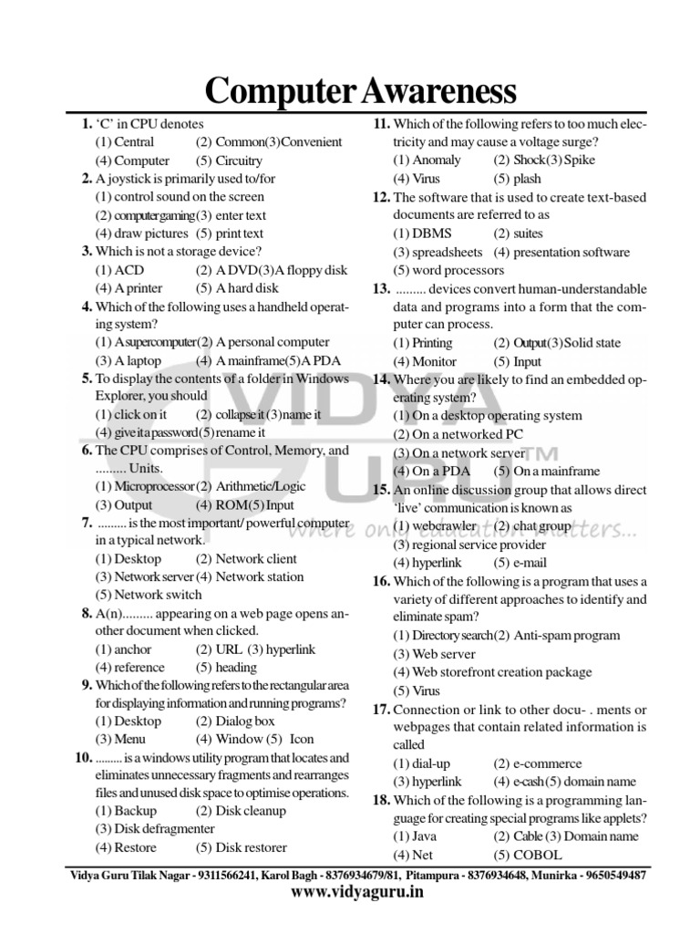 Computer Awareness Questions Answers For IBPS, Bank PO and Clerk | PDF ...