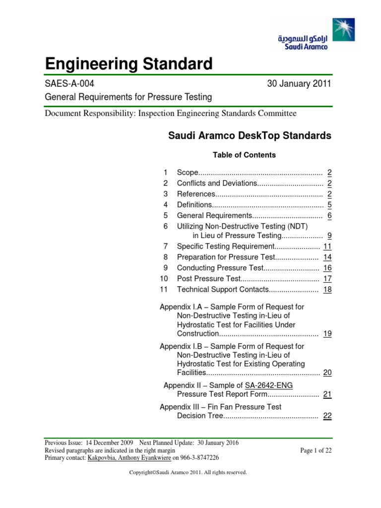 Saes A 21  PDF  Pipe (Fluid Conveyance)  Nondestructive Testing In Hydrostatic Pressure Test Report Template