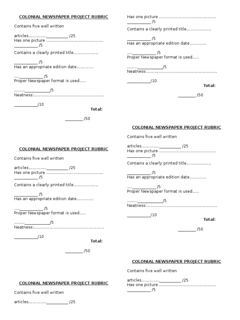 Newspaper Project Rubric PDF