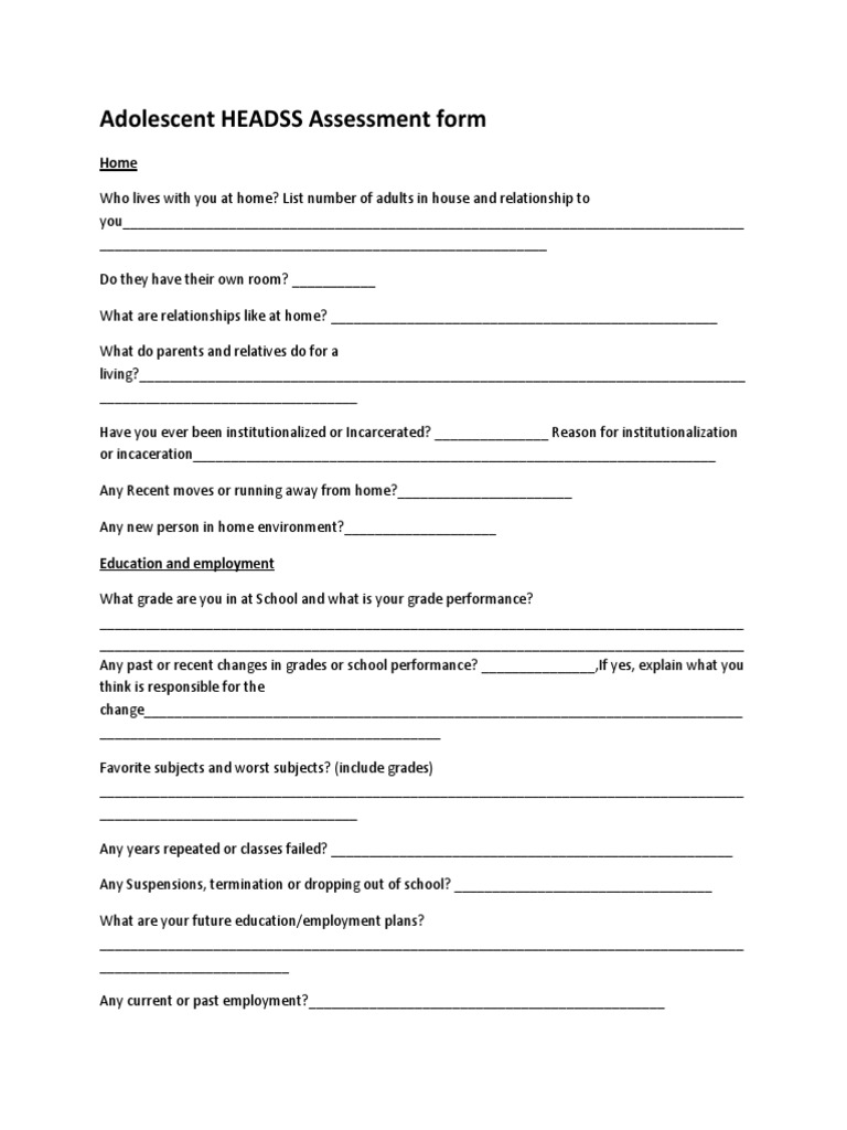 Adolescent HEADSS Assessment Form | PDF