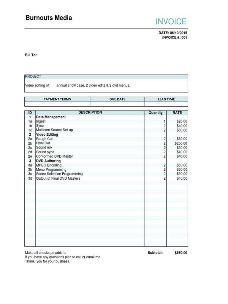 Video Editing Invoice for DVD Services | PDF