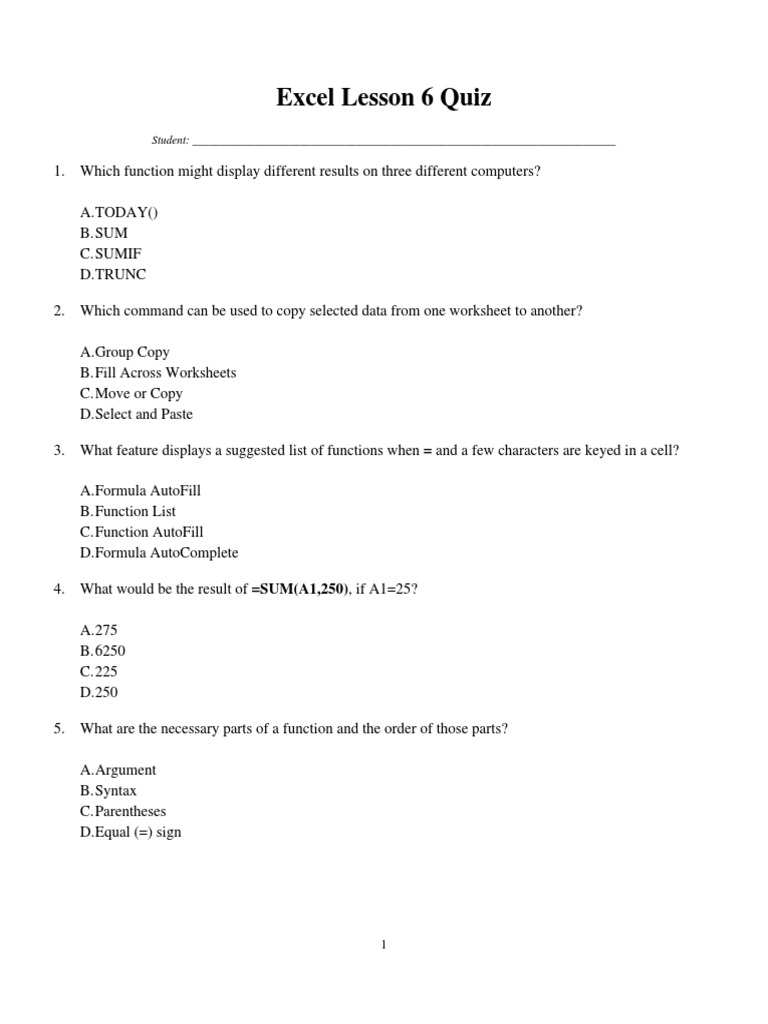 Excel Lesson 6 Quiz Answers | PDF | Microsoft Excel | Computer Programming