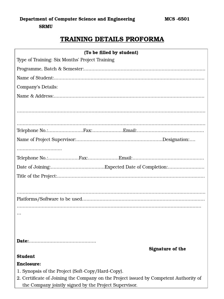 Six-Month Project Training Proforma | PDF