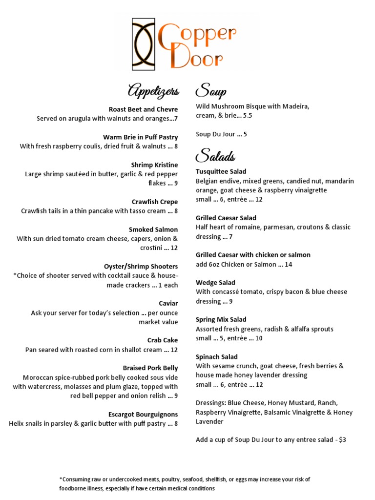 The Copper Door Menu Hayesville, NC Salad Foods