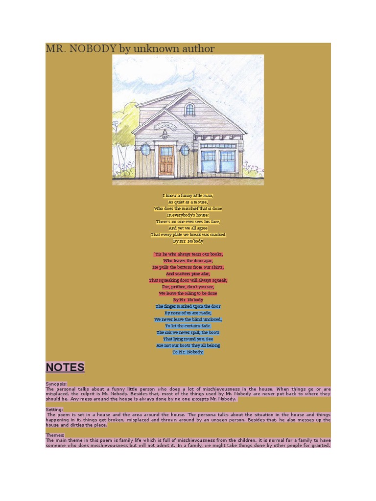 MR. NOBODY by Unknown Author: Notes | PDF | Poetry