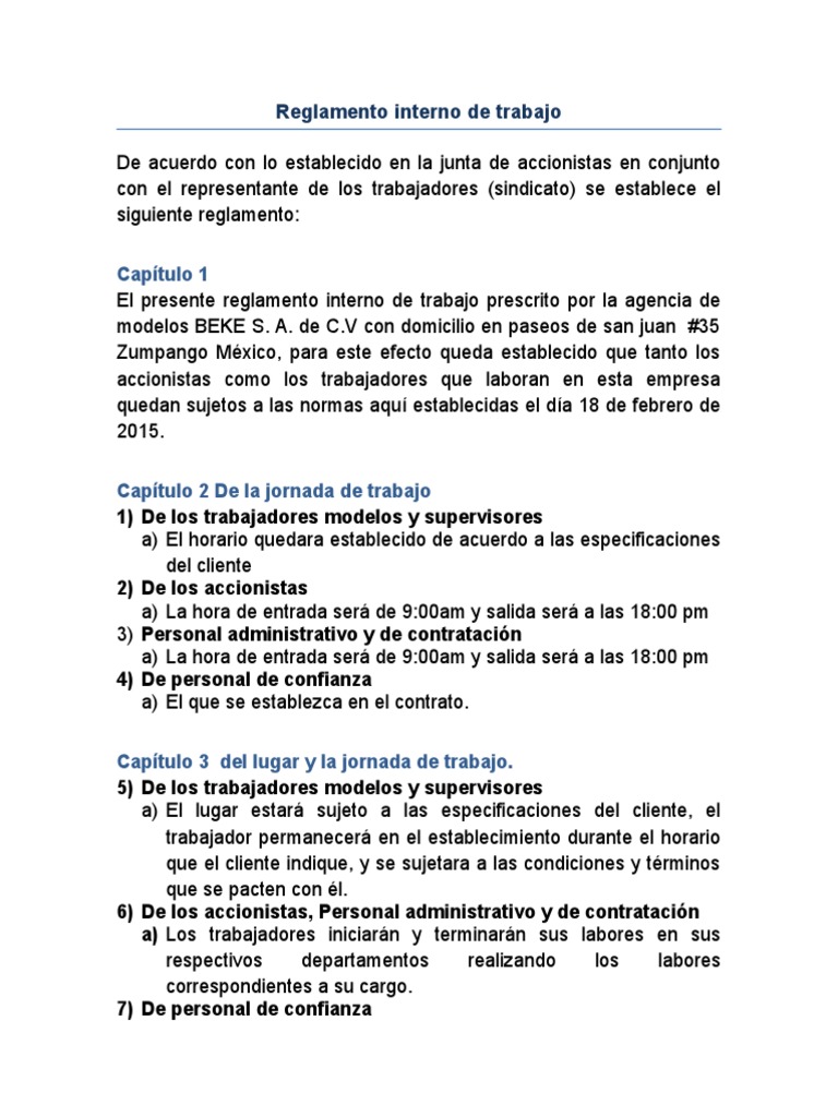 Reglamento Interno Agencia de Modelos | PDF | Salario | Gobierno