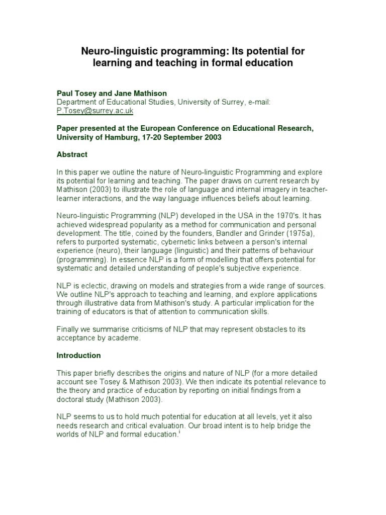 NLP's Role in Education and Learning | PDF | Neuro Linguistic ...