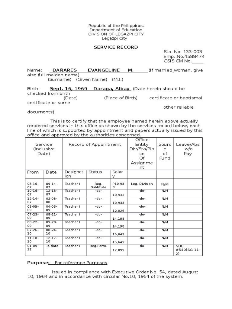 Service Record of Evangeline M. Nares | PDF