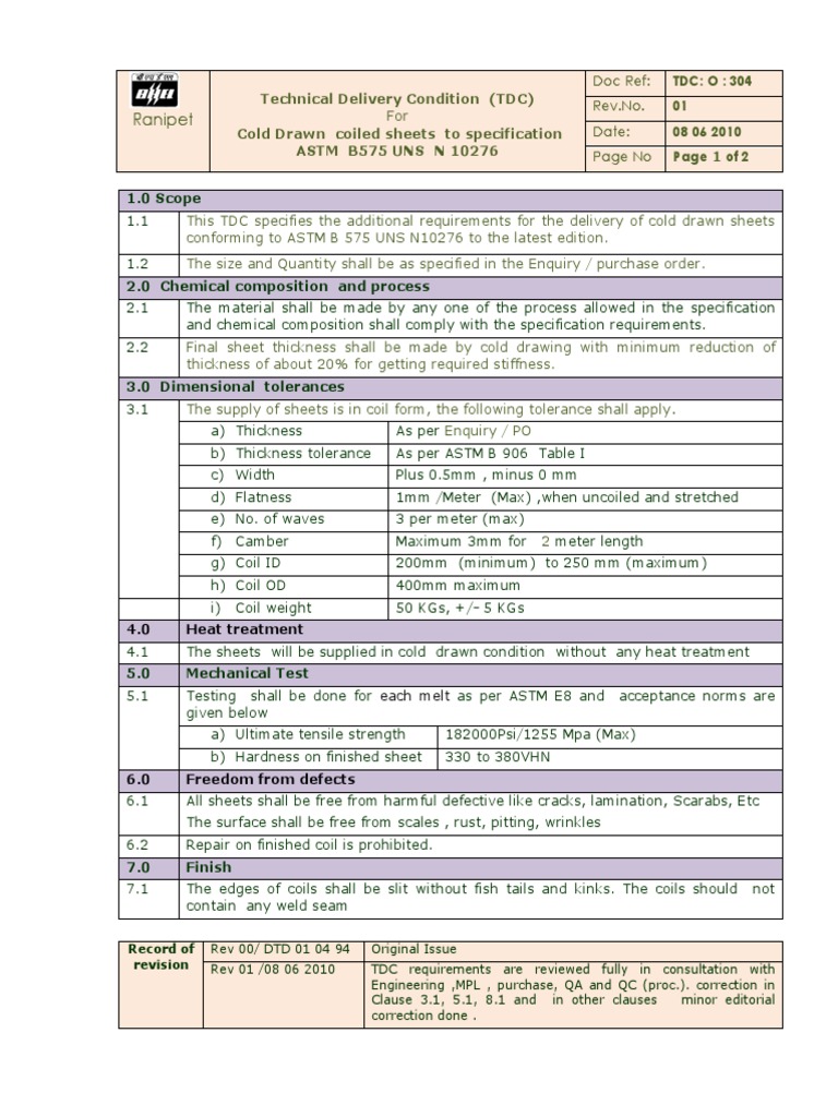 BHEL Specification Sheet TDC.0.304 Rev01 | PDF | Quality Assurance ...