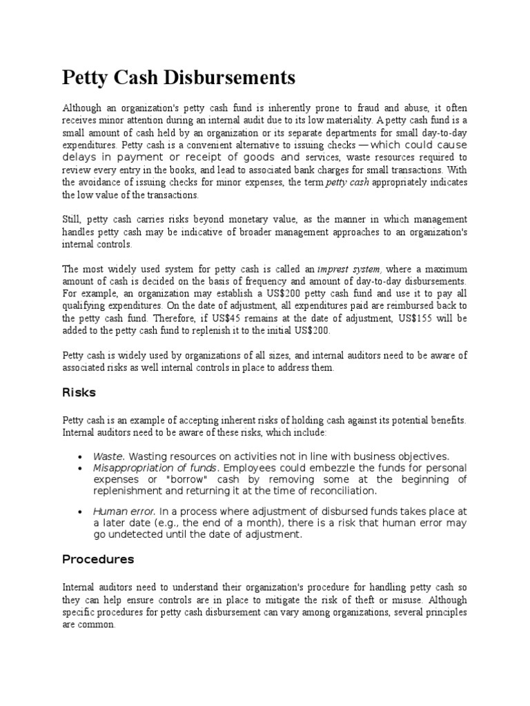Petty Cash Disbursements Policy PDF Internal Audit Cheque