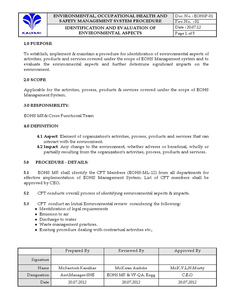 EOHS Environmental Aspects Evaluation | PDF | Pollution | Occupational ...
