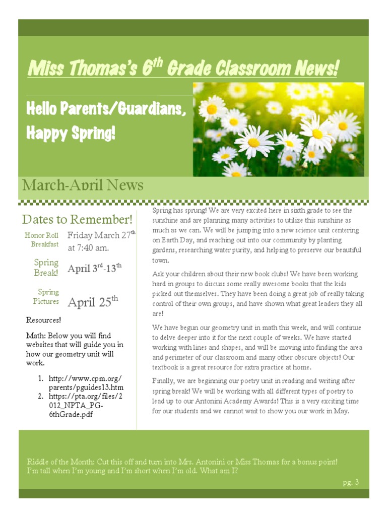 Parent Note March-April | PDF | Language Arts & Discipline | Wellness
