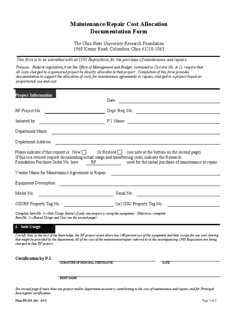 Maintenance Cost Allocation Form OSU | PDF