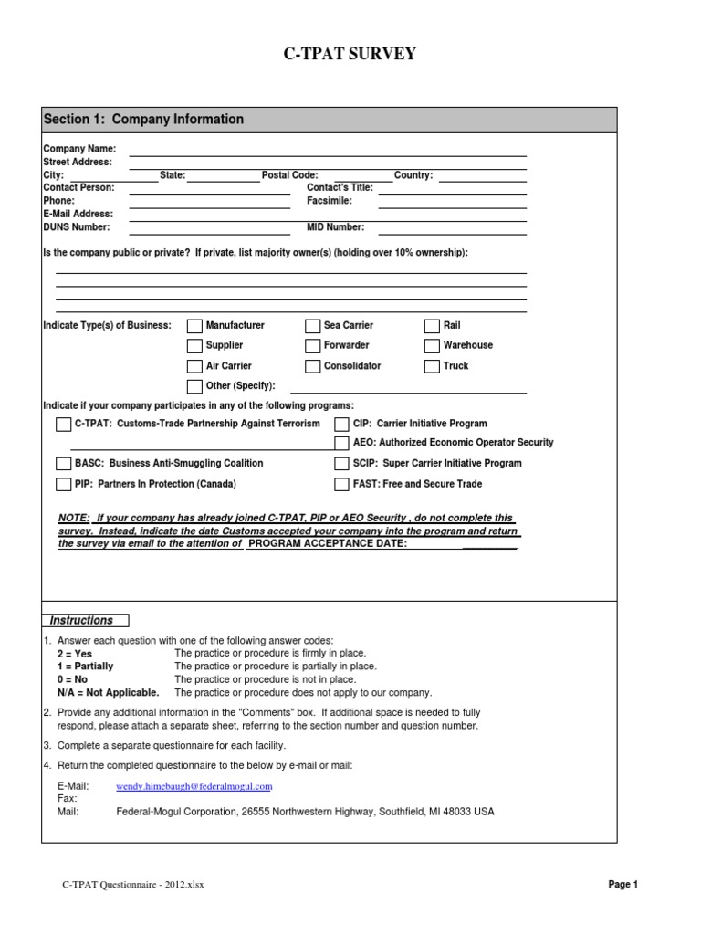 CT Pat Questionnaire 2012 PDF Physical Security Cargo