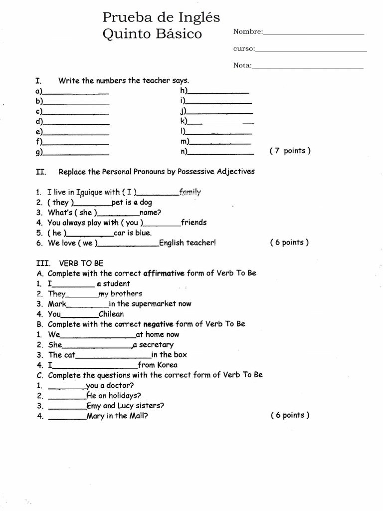 prueba ingles 5°básico