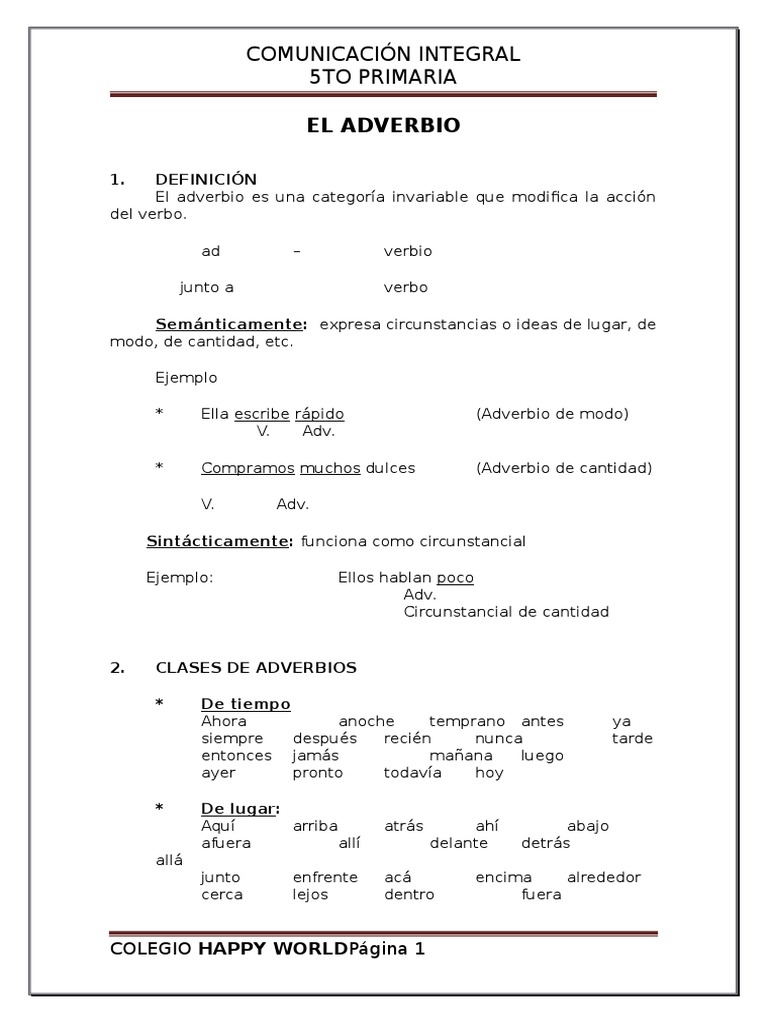 Adverbios para Quinto de Primaria | PDF | Adverbio | Reglas