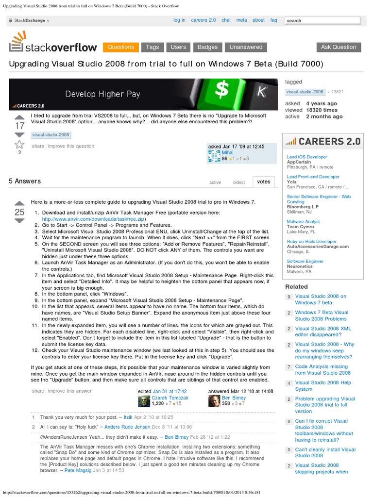 Upgrading Visual Studio 2008 From Trial To Full On Windows 7 Beta ...