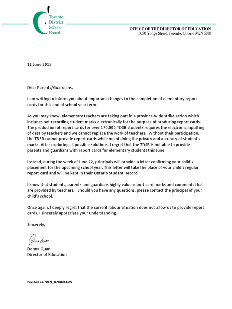 Report Card Letter PDF