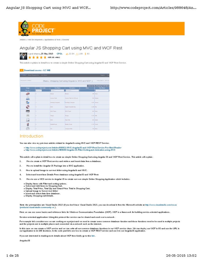 Angular JS Shopping Cart Using MVC and WCF Rest Download Free PDF