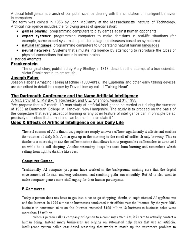 Artificial Intelligence Is Branch of Computer Science Dealing With The