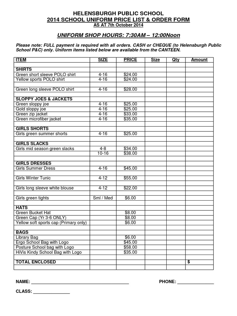 Uniform Price List PDF