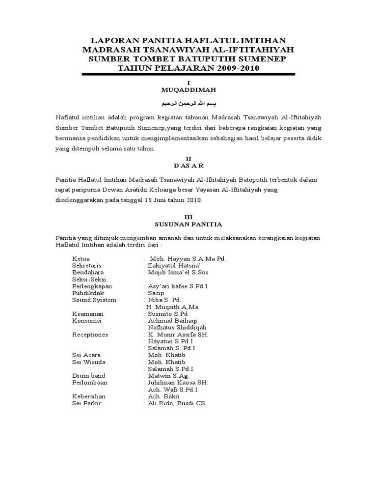 Laporan Panitia Haflatul Imtihan