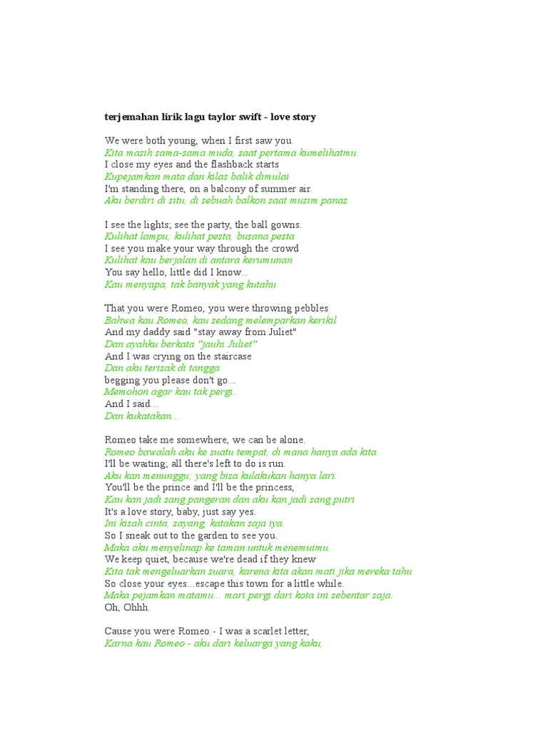 Terjemahan Lirik Lagu Taylor Swift Love Story Mengajar Matematika