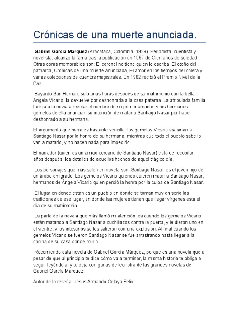 Crónicas de Una Muerte Anunciada Reseña.