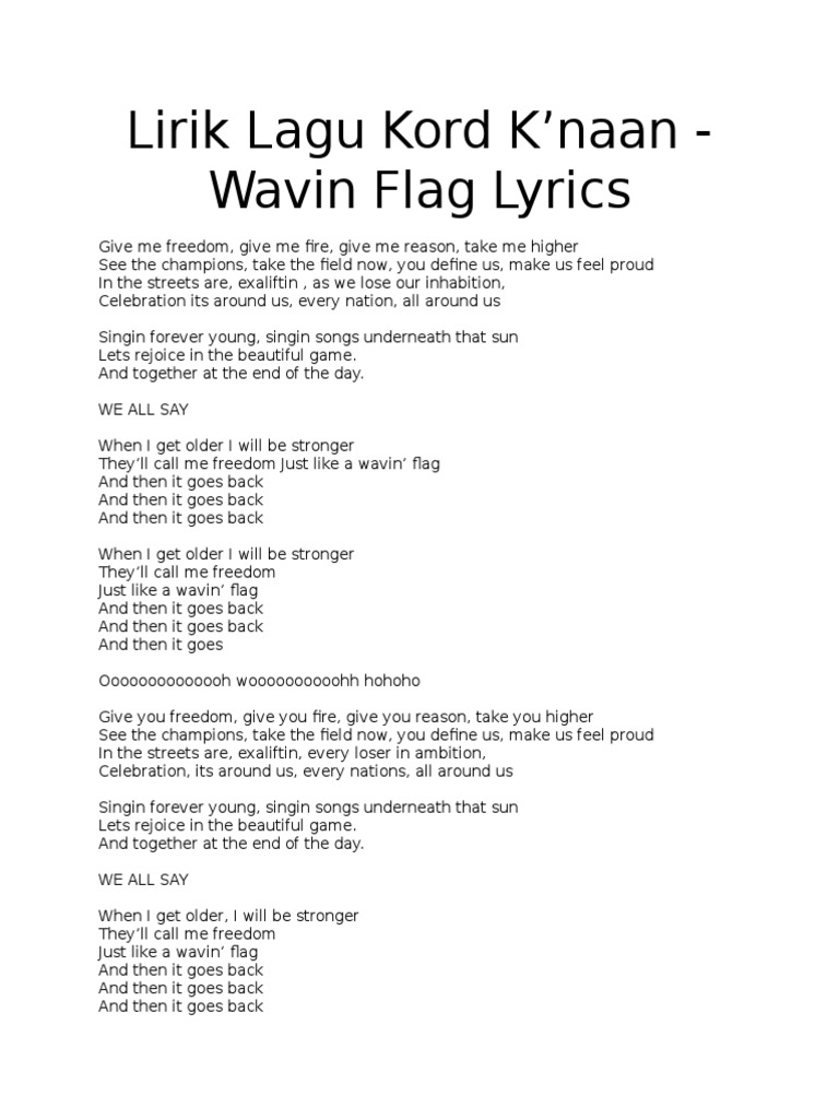Lirik Lagu Kord K'Naan Wavin Flag | PDF