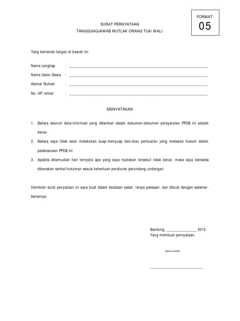 Format 05 Surat Pernyataan Tanggung Jawab Mutlak Orang Tua Pdf