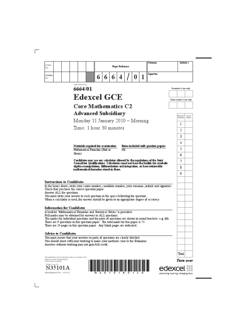 Edexcel GCE January 2010 Core Mathematics C2 QP | PDF | Teaching ...