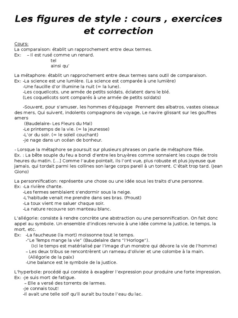 Exercice Figure De Style 3ème Avec Correction Les Figures de Style | PDF | Métaphore | Rhétorique