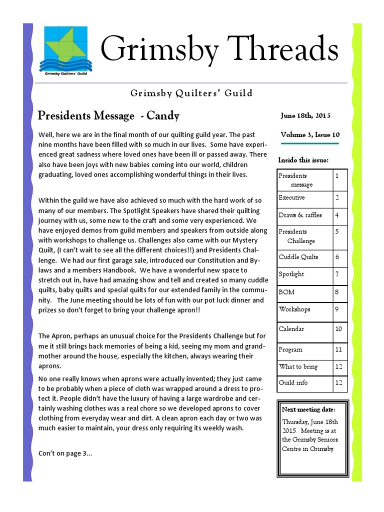 Grimsby Quilters's Guild Newsletter June 2015 PDF Quilting Quilt