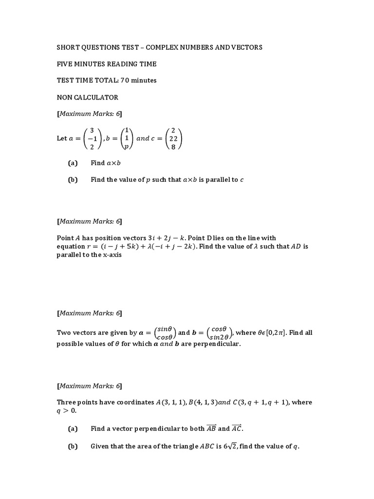 Complex Numbers and Vectors Test | PDF | Mathematical Concepts ...