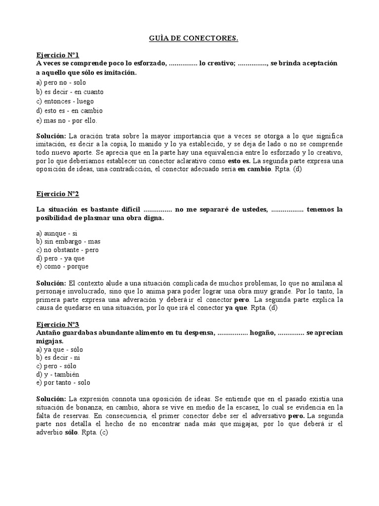Ejercicios de Conectores Con Respuestas. | Felicidad y ...