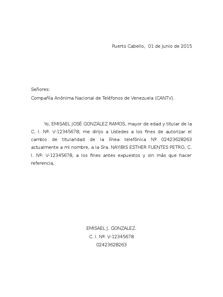 Carta Traspaso CANTV