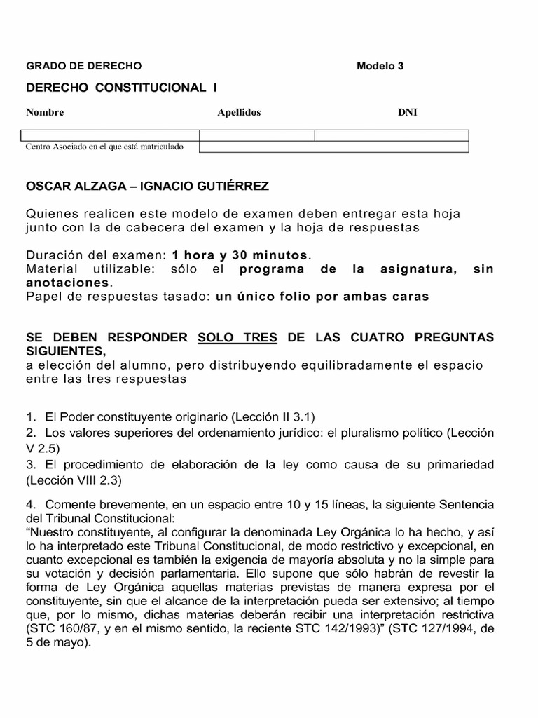 Examen Derecho Constitucional I | PDF | Constitución | Ley constitucional