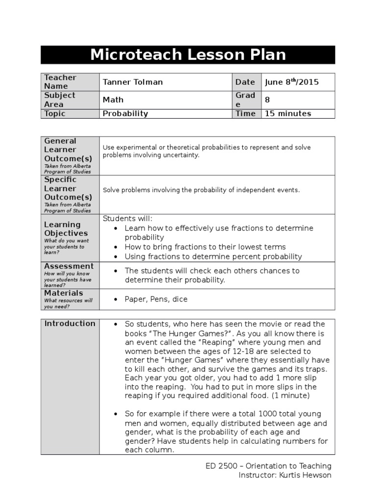 Microteach Lesson Grade 8 Probability | PDF | Probability | Lesson Plan
