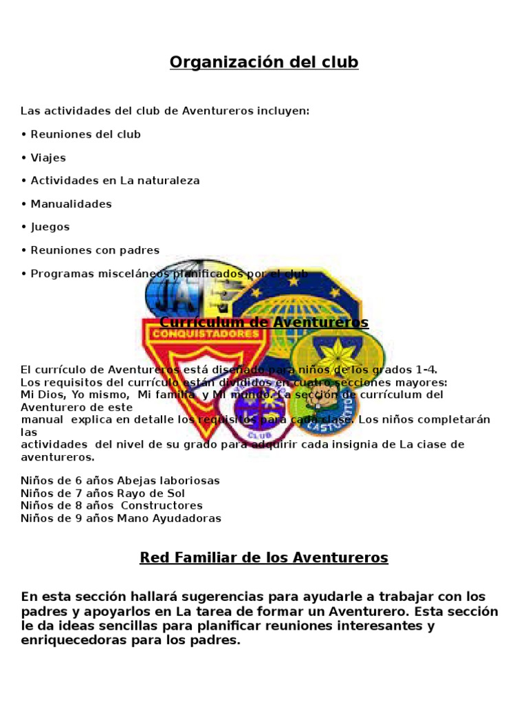 Organización Del Club AVENTUREROS | PDF | Iglesia Adventista del Séptimo  Día | Plan de estudios