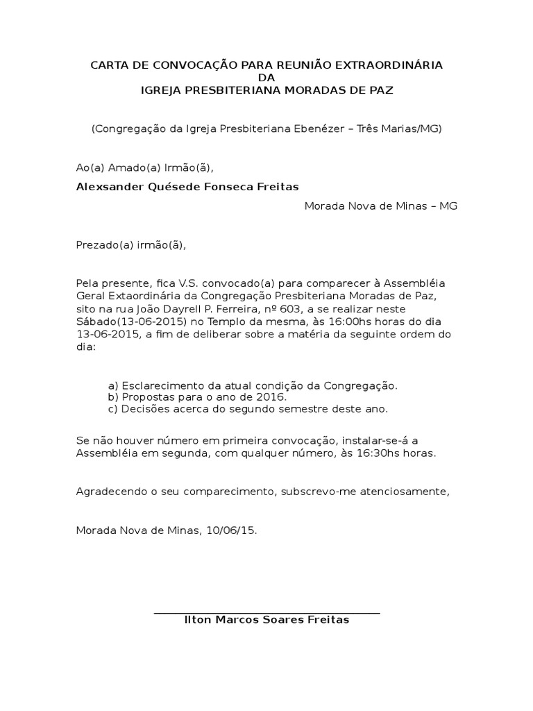 Carta de Convocação Para Reunião Extraordinária Da Igreja Presbiteriana Moradas de Paz ...